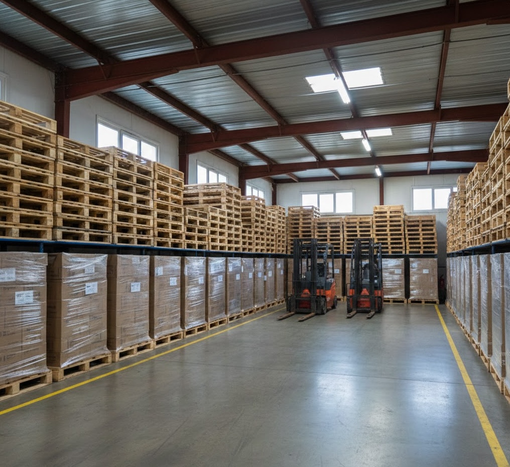 Large warehouse with stacked pallets, forklifts, and wrapped goods