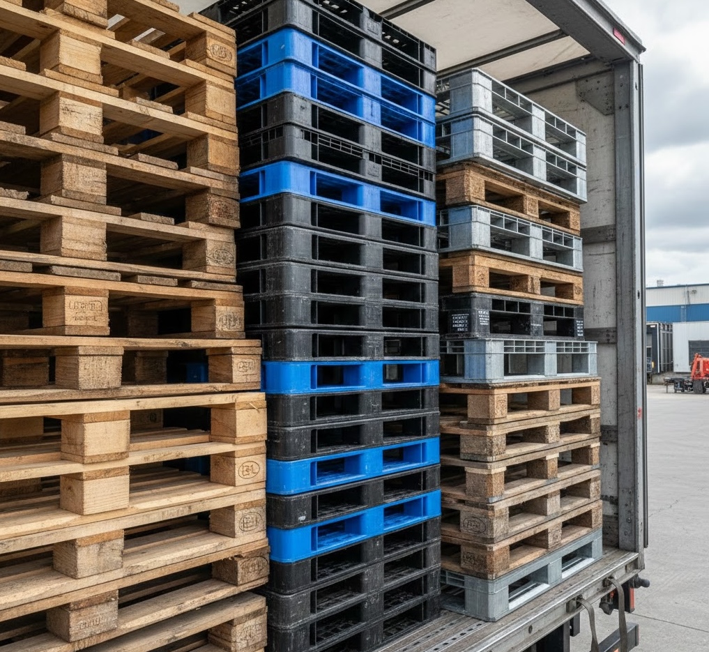 Mixed wood and plastic pallets loaded on delivery truck
